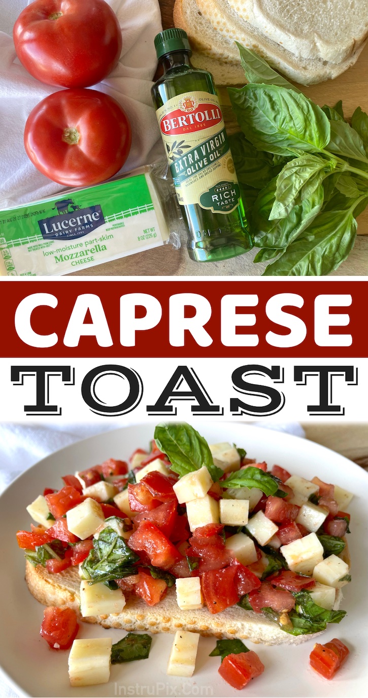 Easy Caprese Toast made with chopped tomatoes, mozzarella cheese, fresh basil and extra virgin olive oil. A naturally vegetarian meal that perfect for lunch or even a quick dinner when you're not in the mood to cook. My entire family loves it! It's kid friendly and can be served with your favorite bread. We prefer sourdough or French bread. 