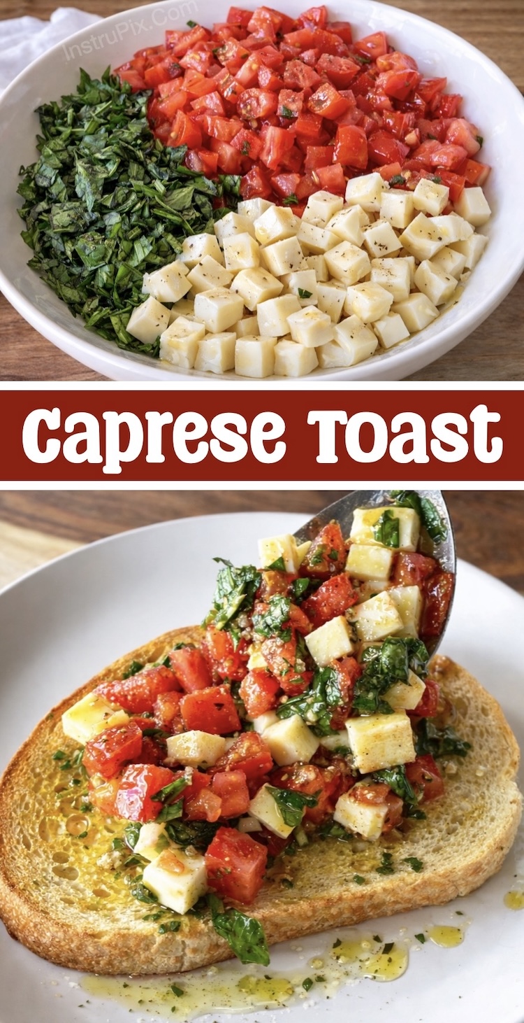 Light no-bake lunch or dinner made with fresh vegetarian ingredients including toasted bread, tomatoes, cheese, basil, and olive oil to make a yummy meal with no baking or cooking required. 