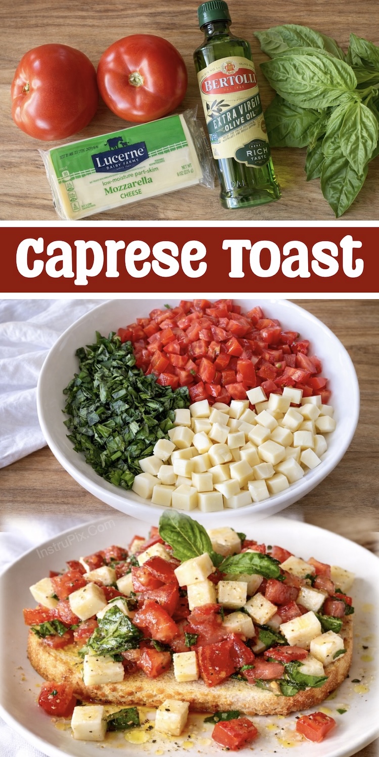 Chopped Caprese Toast is a light vegetarian summer time meal made with toasted bread, fresh tomatoes, fresh basil, mozzarella cheese, seasoning, and extra virgin olive oil. 