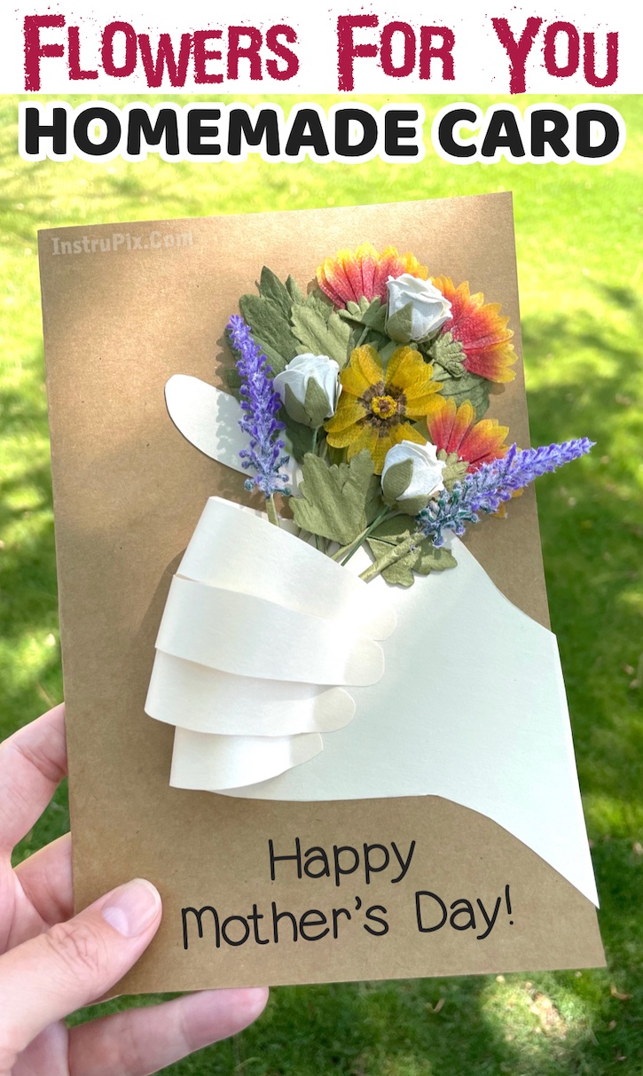 DIY Homemade Flower Card for Mother's Day and other special occasions! Are you looking for fun and easy spring time crafts to make with your kids? These adorable flower bouquet cards are simple to make with just paper and flowers! I made them with my teenage daughter for both her grandmas. Great bonding time!