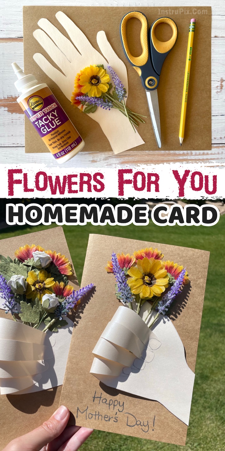 DIY Mother's Day Card Idea | A beautiful handprint flower bouquet card! So easy to make with just a few cheap supplies. You can even gather flowers from your yard. These homemade cards are great for both kids and adults to make, and totally customizable. 