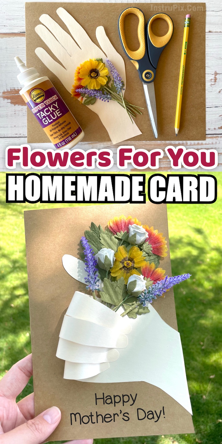 Easy DIY Mother's Day Card Idea using flowers and a handprint cut-out! This spring time craft is great for kids, teenagers and adults to make for just about any occasion. Any mom or grandma would love it! You could even make this card for Valentine's Day or Birthdays. 