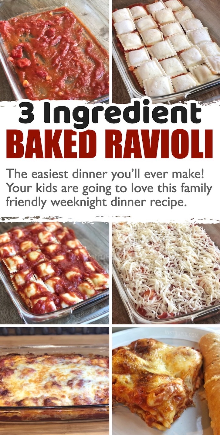 Step by step photos of an easy family dinner recipe called "Cheesy Baked Ravioli". Frozen ravioli layered in a 9x13 baking dish with pasta sauce and shredded mozzarella. Bake this pasta casserole in the oven for about 45 minutes until hot and bubbly. 
