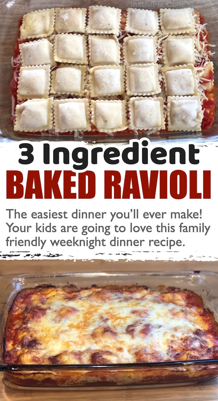 The easiest dinner you'll ever make! Your kids are going to love this family friendly weeknight dinner recipe. Just a few cheap ingredients including frozen ravioli pasta, sauce, and gooey cheese. 