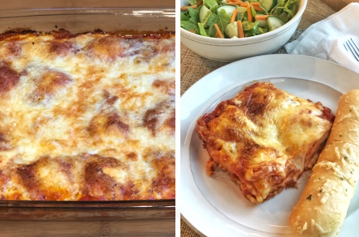 Frozen ravioli casserole just out of the oven with golden brown cheese along side a plate of this cheesy baked pasta ready to eat for dinner. 