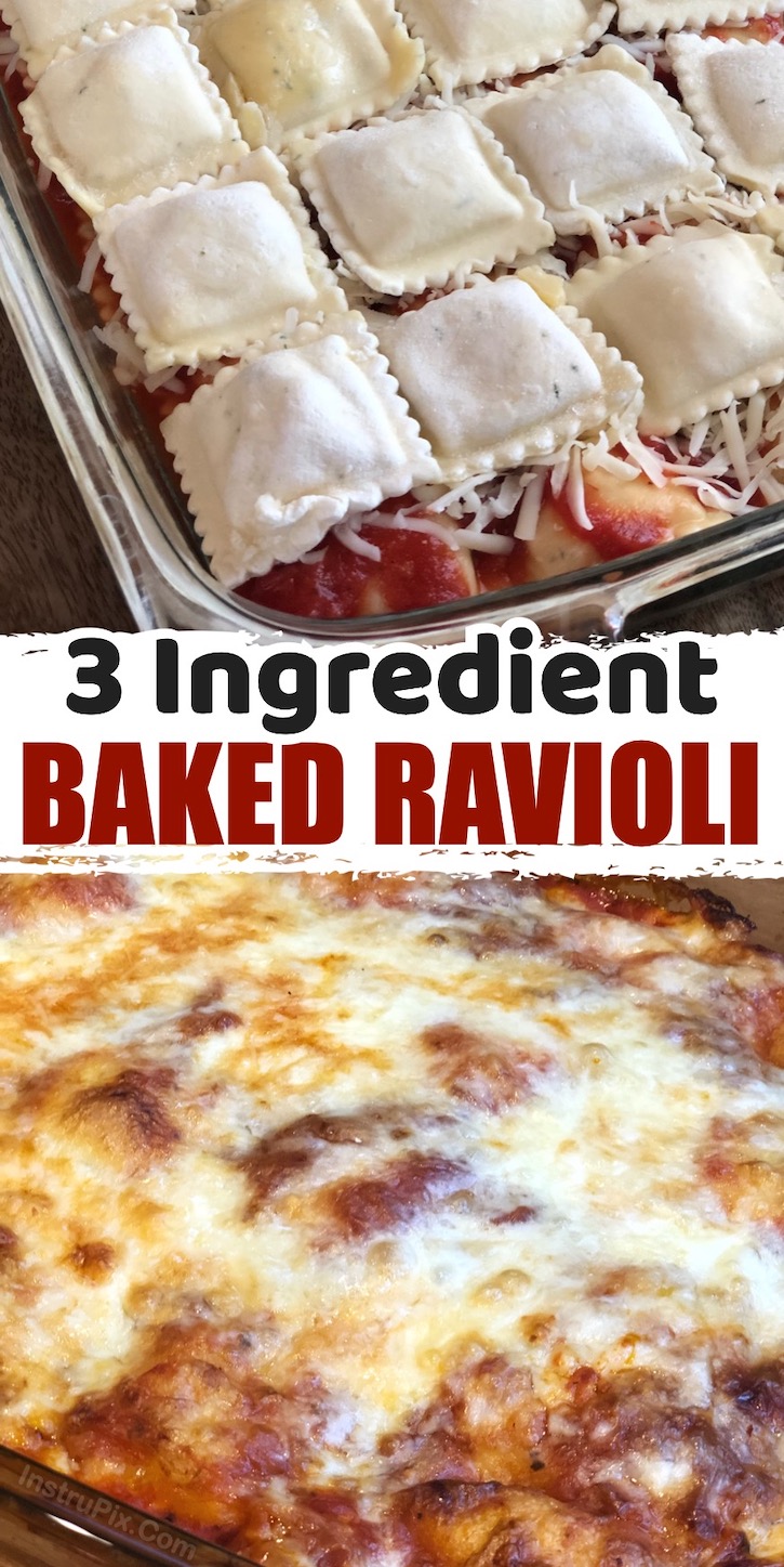 Easy family dinner casserole that includes just 3 common ingredients including frozen ravioli, marinara, and mozzarella. You can also layer with ground beef, sausage, fresh veggies, and herbs to vary it up. 