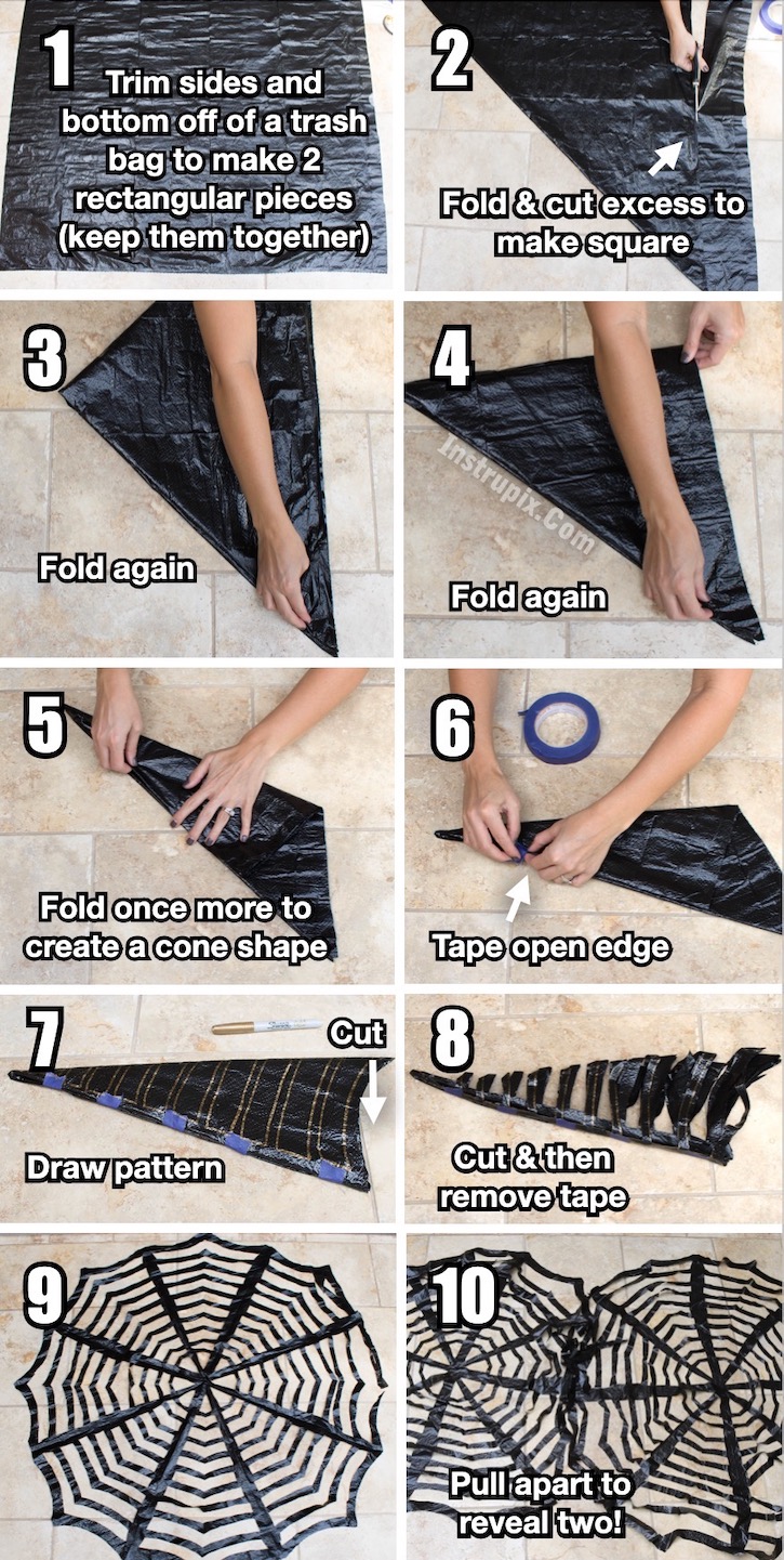 Full step-by-step tutorial on to make spiderwebs out of trash bags for Halloween. This cheap and easy DIY Halloween decor is so simple for anyone to make with budget friendly supplies you probably already have at home. 