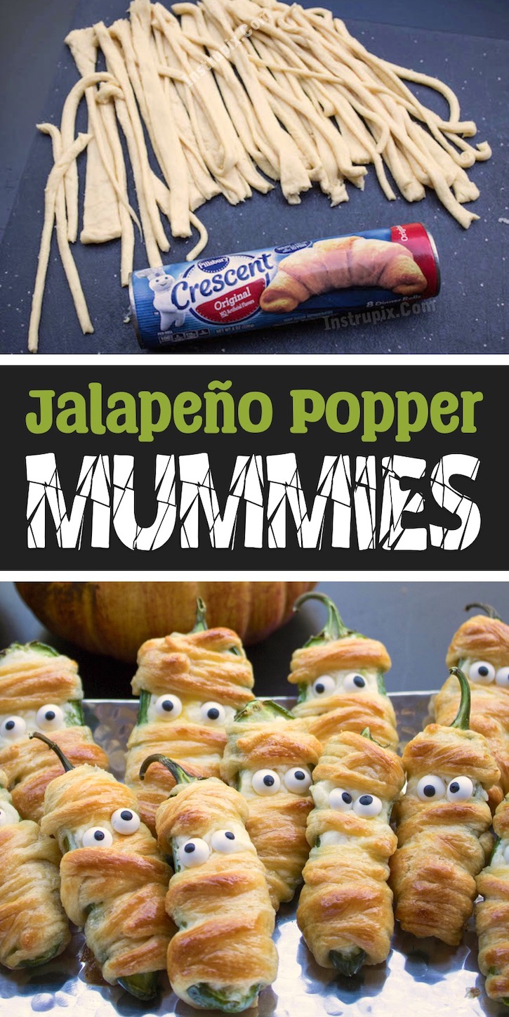 This easy Halloween appetizer for adults is a hit at parties! Jalapeño Popper Mummies are a spooky vegetarian snack loaded with a delicious cream cheese mixture and wrapped with crescent dough. Add some candy eyeballs and they are actually kind of cute! A great table display for a fall party. 