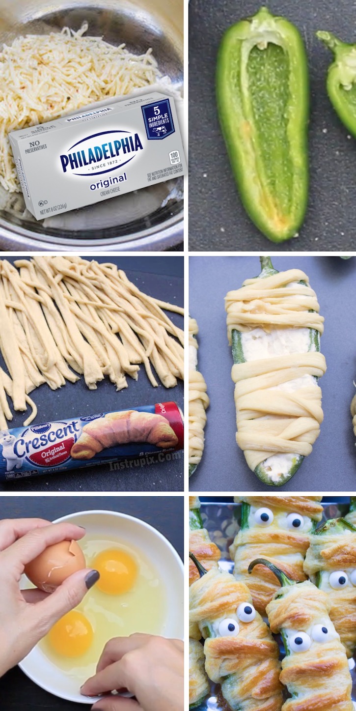 Jalapeño Popper Mummies | This yummy Halloween party food is a real crowd pleaser for adults! Simply stuff jalapenos with a mixture of cream cheese and pepper jack, wrap with strips of refrigerated crescent dough, bake, and then add candy eyes to create cute yet creepy finger food for parties. 