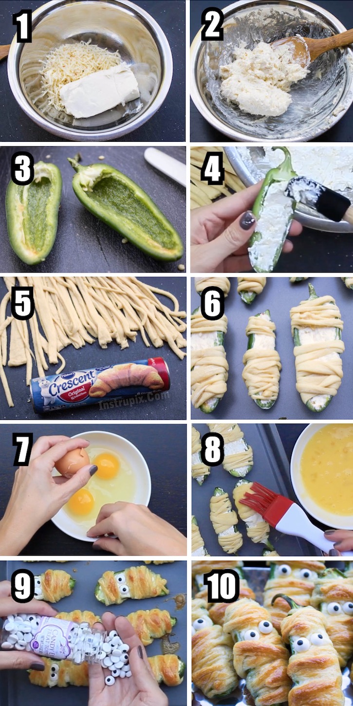 Step by Step tutorial on how to make Jalapeño Popper Mummies, an easy and crowd pleasing vegetarian Halloween appetizer and snack for Halloween. 
