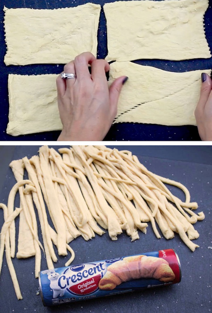 Pillsbury refrigerated crescent dough being prepared into strips for making Halloween Jalapeño Popper Mummies-- A fun and spooky appetizer for adults. 