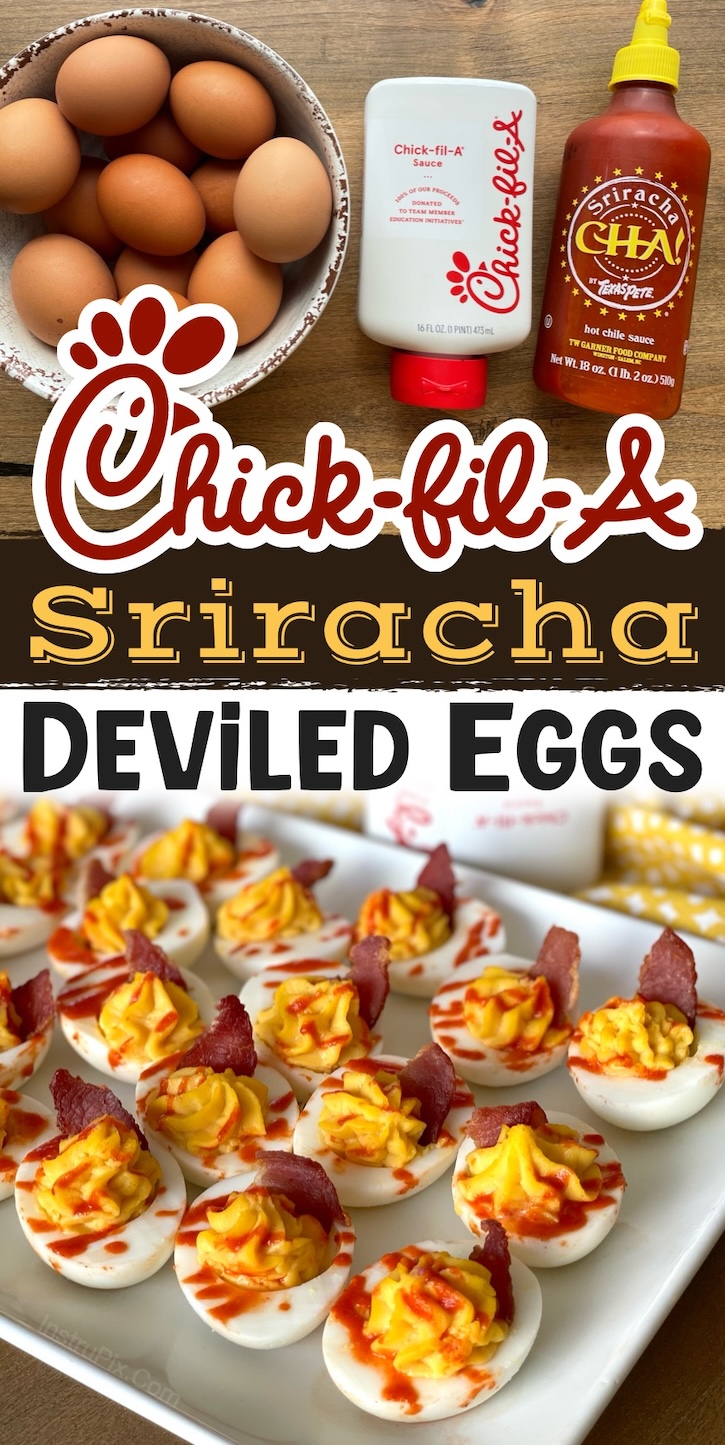 Are you looking for easy and delicious party appetizer to make? You can't go wrong with these Chickfila Deviled Eggs! They are a super unique twist on traditional deviled eggs because they are made with sweet chickfila sauce instead of mayo, drizzled with spicy sriracha, and finally topped with crispy bacon to make crowd pleasing snacks. 