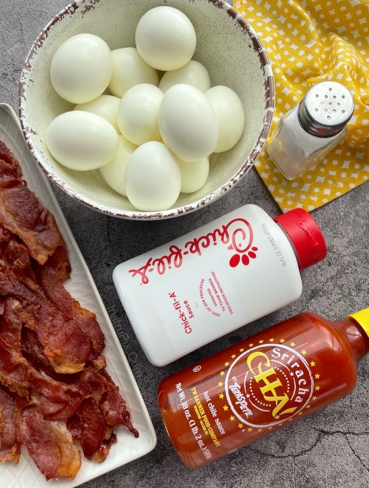 Ingredients needed to make Chick-fil-A Sriracha Deviled Eggs, a yummy party appetizer that everyone will love.