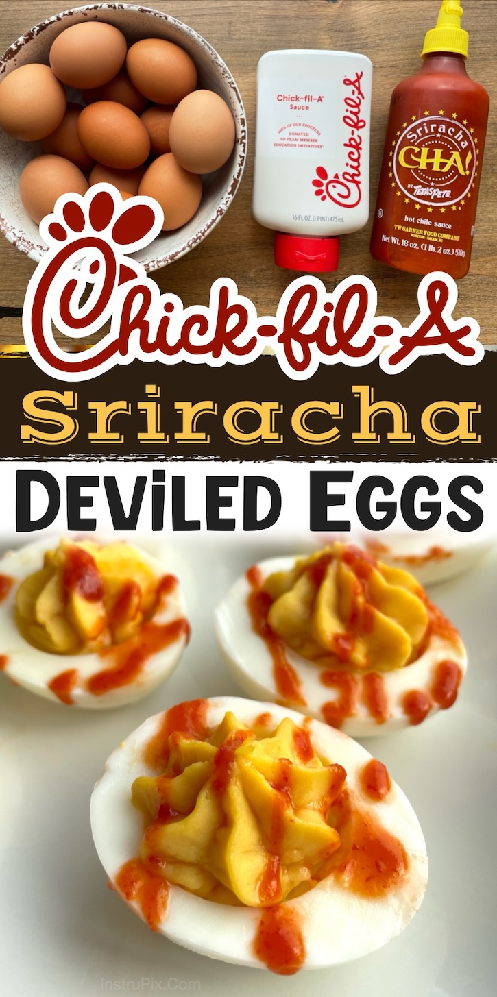 The best party appetizer, ever! These Chickfila sauce deviled eggs are so easy to make with Chick-fil-A sauce, spicy sriracha, salt, and crispy bacon. You will not believe how tasty they are! A huge hit at parties, backyard bbqs, potlucks, family gatherings, Easter, and more. 