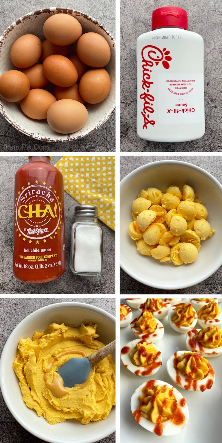 Looking for party food ideas? These Chick-fil-A Deviled Eggs are a crowd pleasing cold appetizer that's easy to make ahead of time with just a few ingredients! Everyone always asks me for the recipe. They are especially a hit with adults because they are sweet, spicy, salty and savory all at the same time. 