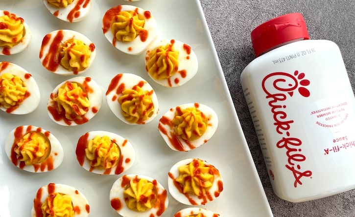 Serving tray with Chick-fil-A Deviled Eggs Appetizer, the best make ahead party food for a crowd. 