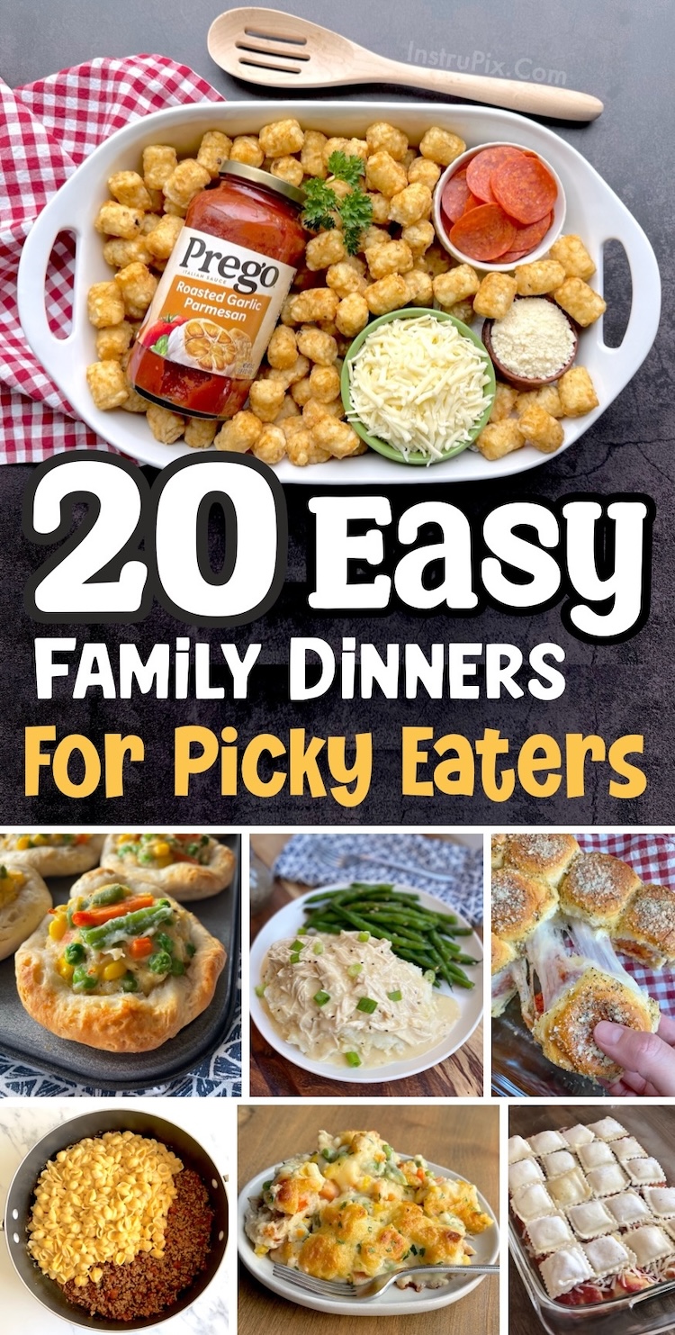 List of quick and easy family dinner recipes for families with picky eaters. These kid approved meals are all fast, simple, and budget friendly to make with just a few ingredients. Perfect for busy parents on hectic school nights when you're looking for something to add to your dinner menu. Everything from chicken and ground beef to casseroles, sandwiches, and slow cooker dinner ideas. 