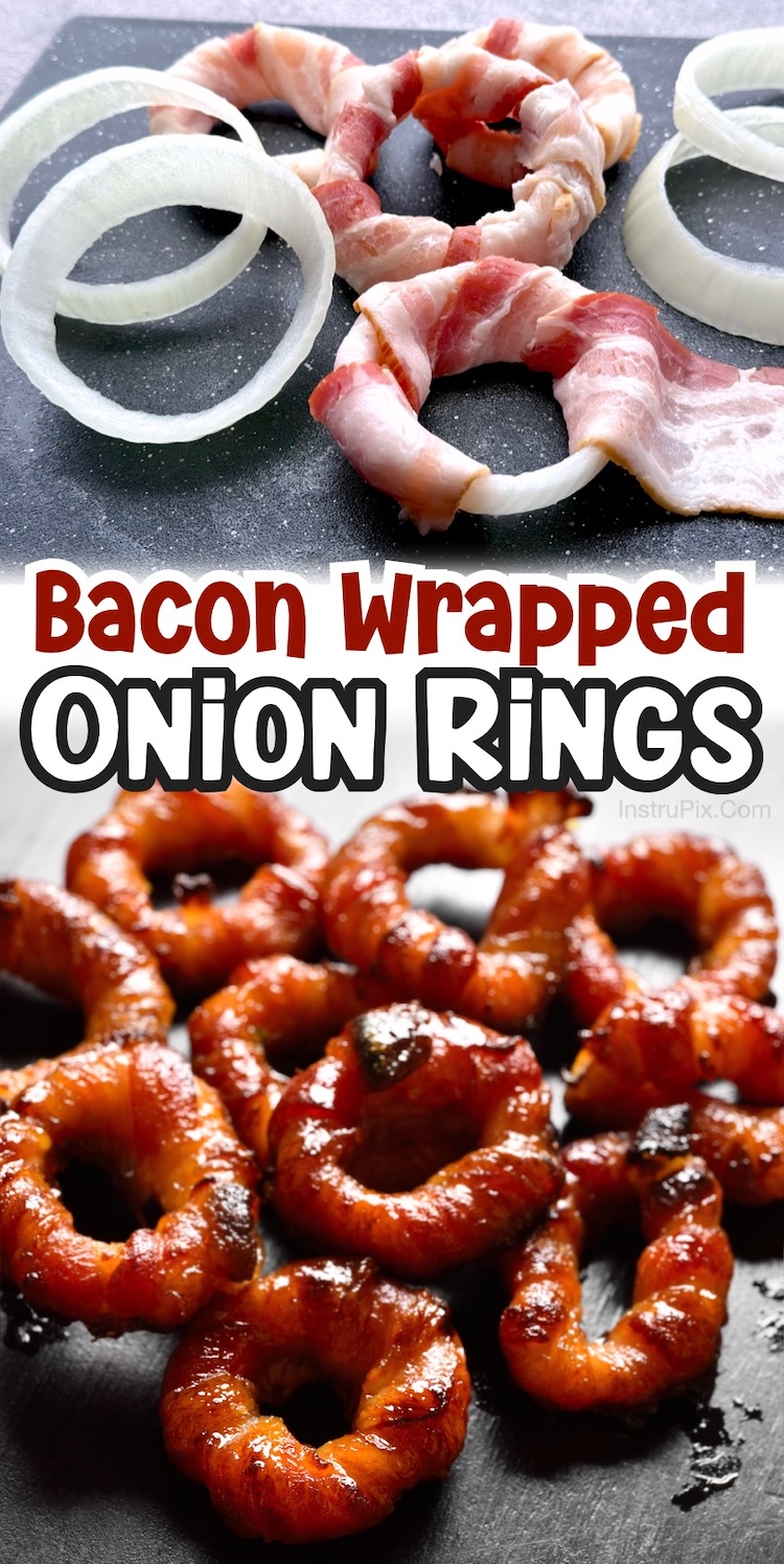 If you're hosting a bbq or pool party, you've got to try these delicious bacon wrapped onion rings. The ultimate comfort food that' super easy to make with just 3 ingredients. Serve them as a yummy snack, appetizer, or even addition to a cheeseburger. They're fun to make and fun to eat!