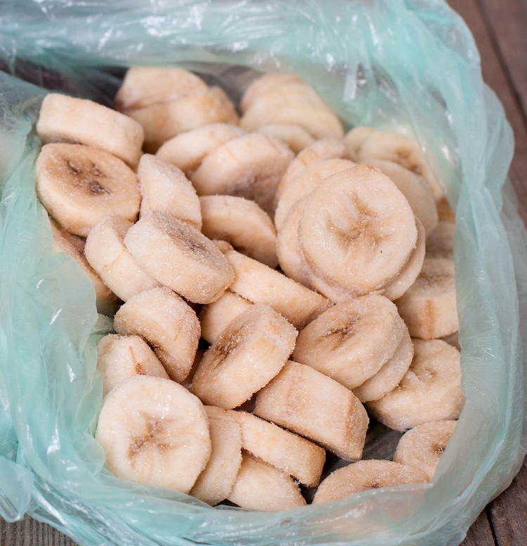 Bag of frozen banana slices for making nice cream. 