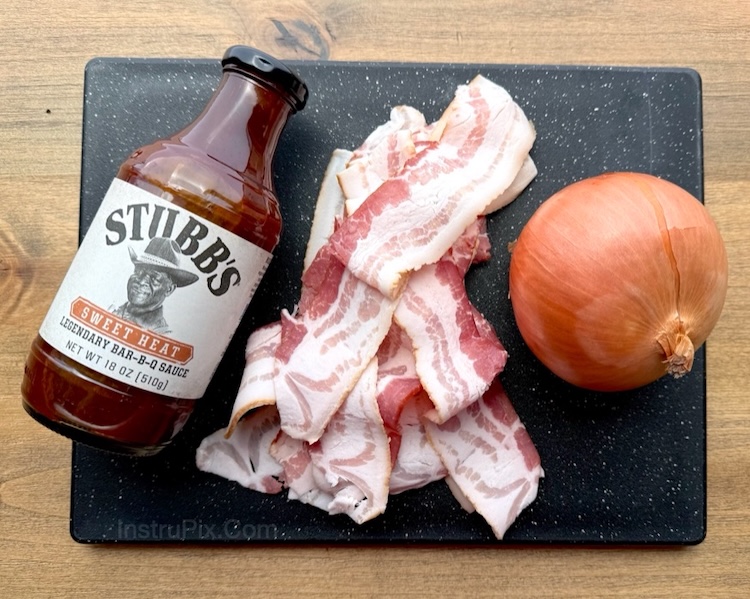 Step by step instructions on how to make bacon wrapped onion rings with bbq sauce. 