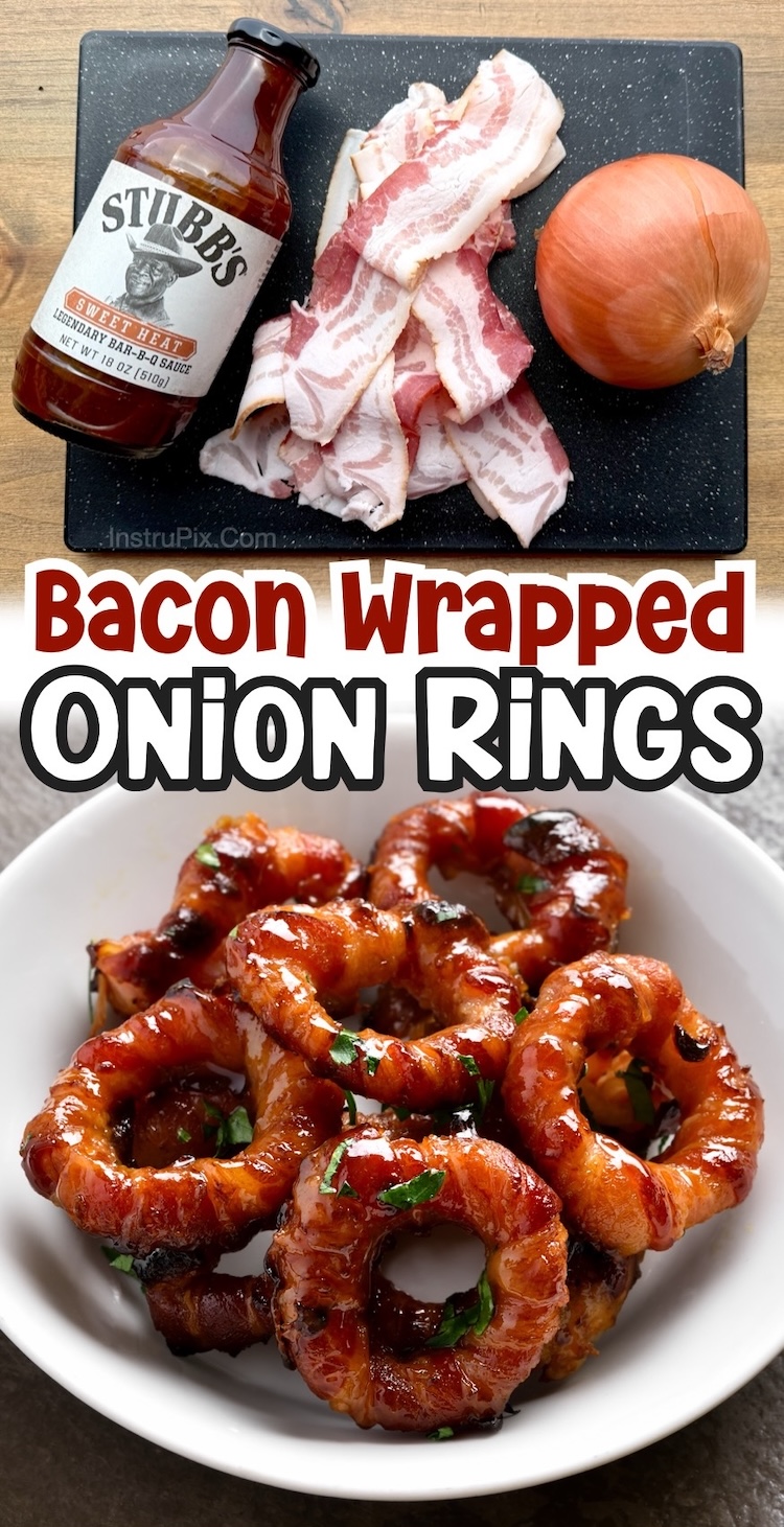 Bacon wrapped onion rings are a fun and unique recipe to make for a tasty snack, side dish, appetizer, or bbq cookout food when you're craving amazing comfort food. An easy way to impress your friends and family! Simple wrap onion rings in bacon and then cook in your oven, air fryer, or on your grill. Brush with bbq sauce for the finishing touch. 