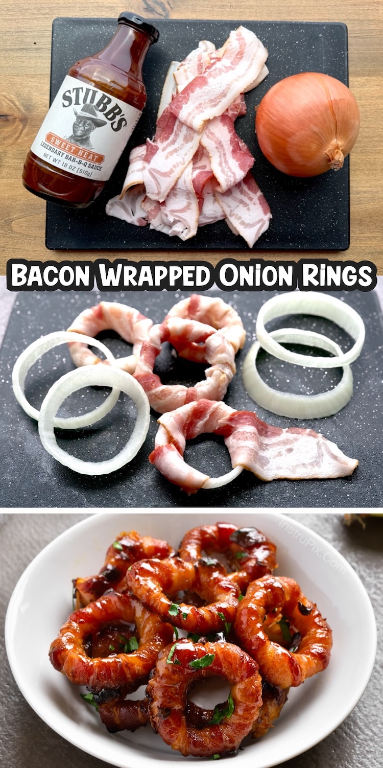 Step by step instructions: How to make BBQ Bacon Wrapped Onion Rings for your next family gathering. This delicious and savory food is perfect served as a party snack, appetizer, dinner side dish, or even an addition to your bbq cookout. You can make them on your barbecue grill, in your oven, or even in your air fryer. A super simple and unique way to impress your guests. 