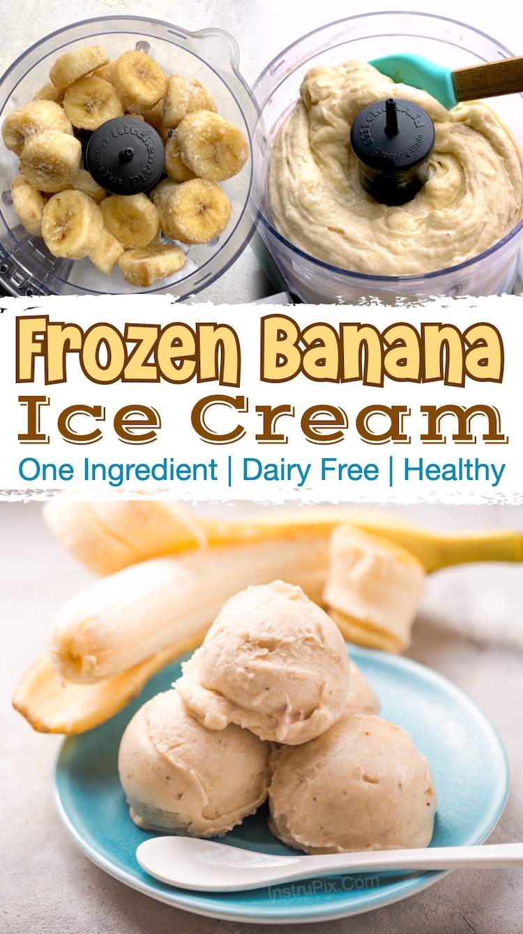 Simply freeze sliced frozen bananas to make this easy summer time treat for your kids! Frozen banana ice cream is made with just one ingredient, is dairy free, has no added sugar, and creates a clean eating treat or snack for your picky eaters. 