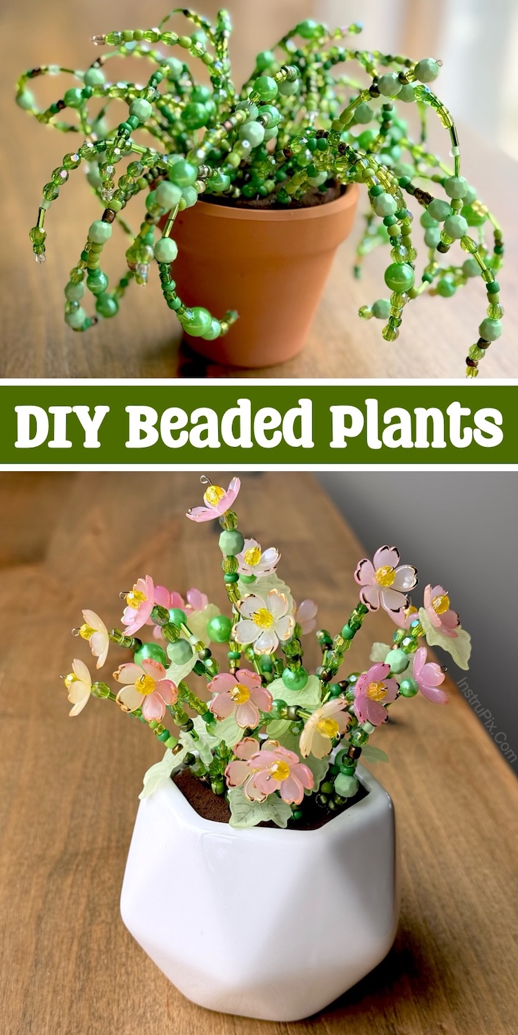 DIY crafts for adults to make at home on a rainy day! These gorgeous beaded plants are fun and easy to make with basic supplies. They are even pretty enough to sell or give away as gifts! Perfect for a girlfriend, mom, grandma, teacher, or friend. 