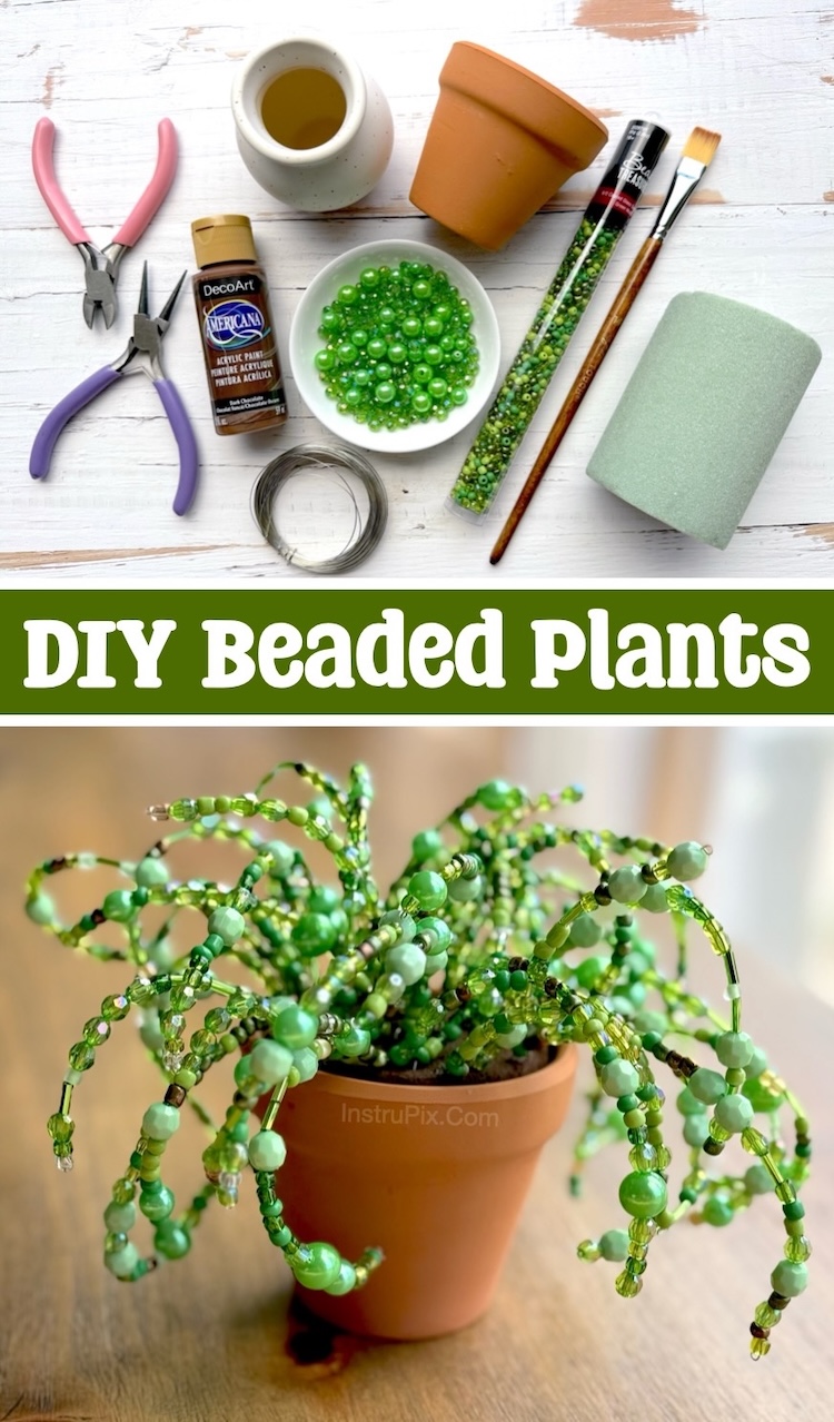 Simple supplies needed to make DIY Beaded Plants with photo instructions. This easy and fun craft is relaxing and perfect for adults or teenagers. Such a lovely homemade craft to decorate your home or give away as a gift to teachers, mothers, grandmas, friends, and more. 
