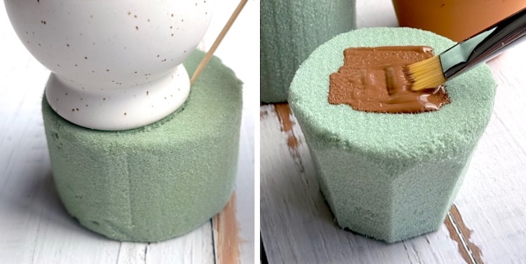 Step 1: How to size and paint the foam for the mini pots. Cut the foam with a kitchen knife to size and then cover the top quarter with brown paint before inserting into the pot. 